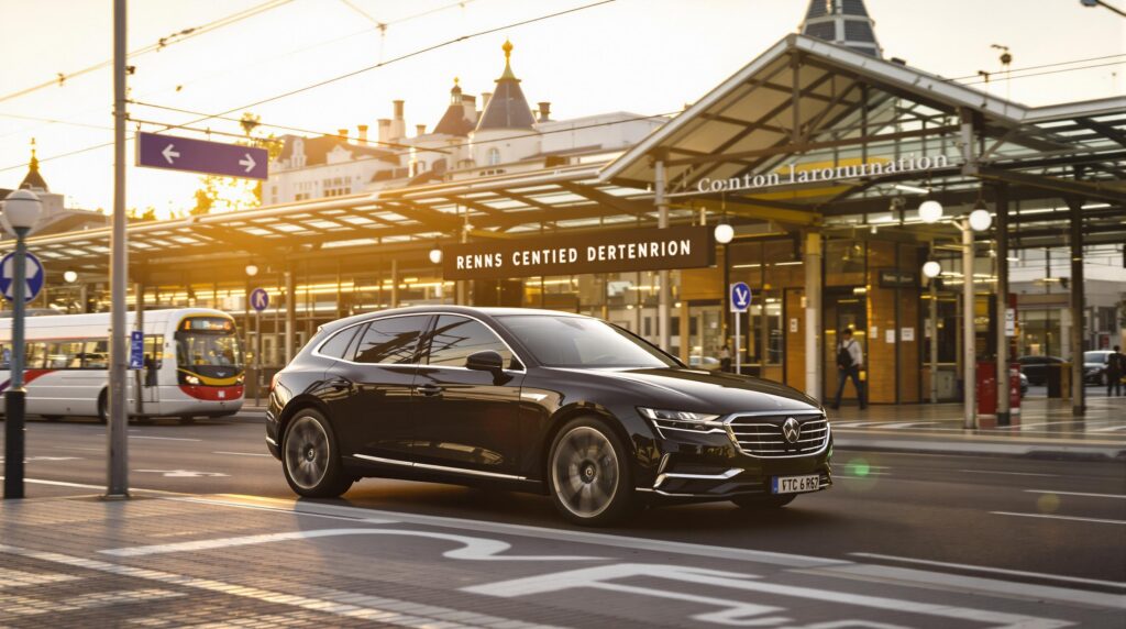 Voiture noire roulant devant une gare à Rennes